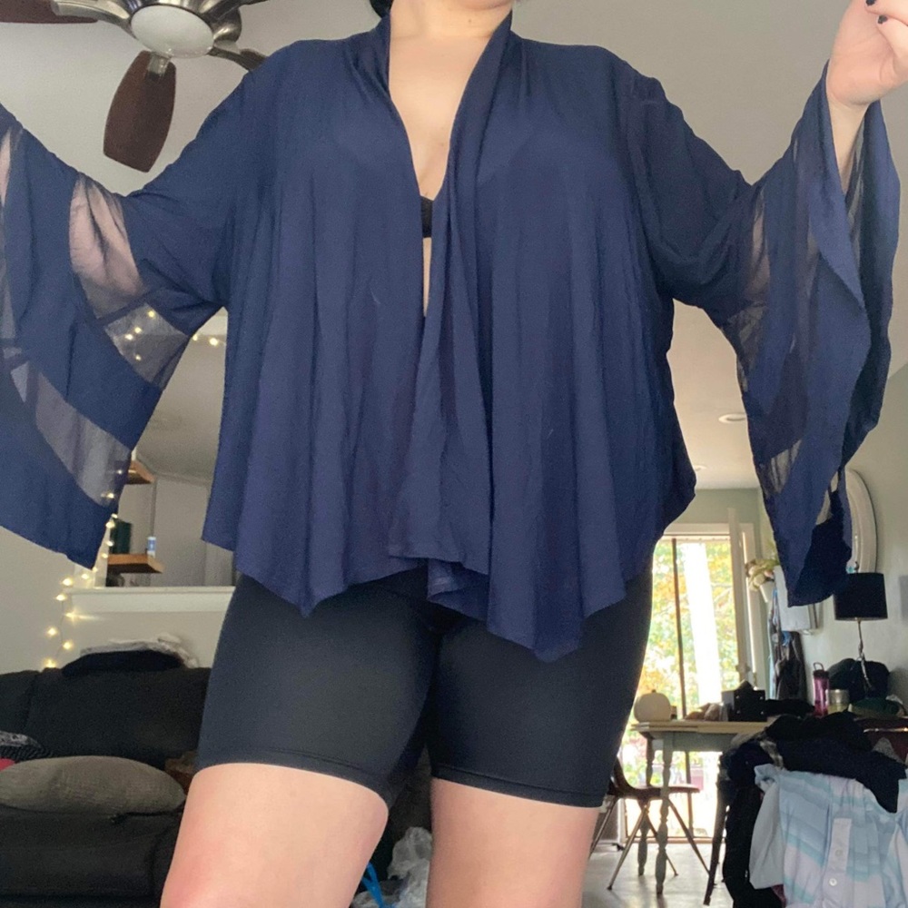 R&M Richards Women 3X Navy Blue Dress Jacket Coverup Mesh Nude Illusion Inlay
